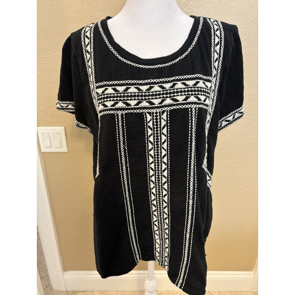 Lucky Brand Black Top with White Embroidered Detail